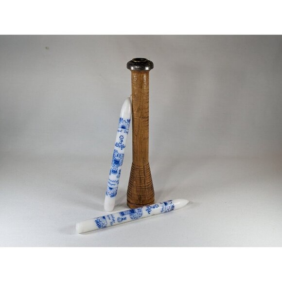 Antique yarn bobbin candlestick holder + 2 Delft blue candles Porceleyne fles, - Picture 10 of 10